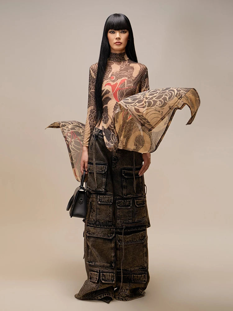 See Through Blouse Snake Print Half-High Neck Long Sleeves High Slits High Elasticity Long Top