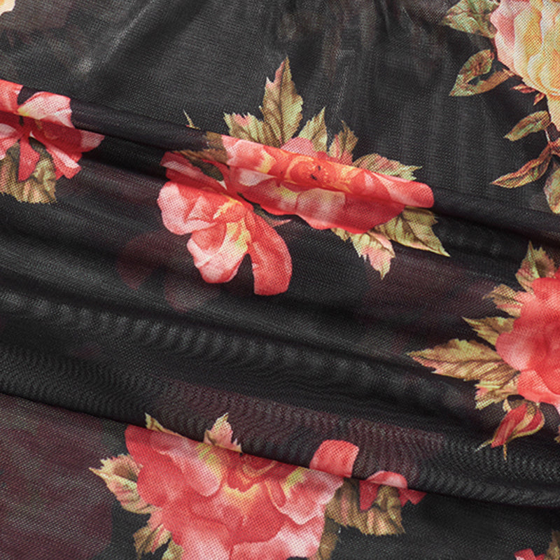 Sleeveless V Neck Low Cut Cami Top Elastic Waist Flower Print Mini Skirt 2 Piece