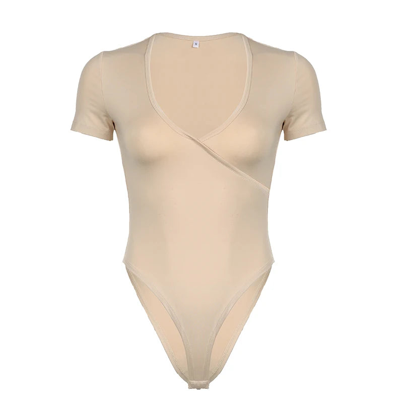 V-neck Short Sleeves Bodysuits Slim Retro Pullovers