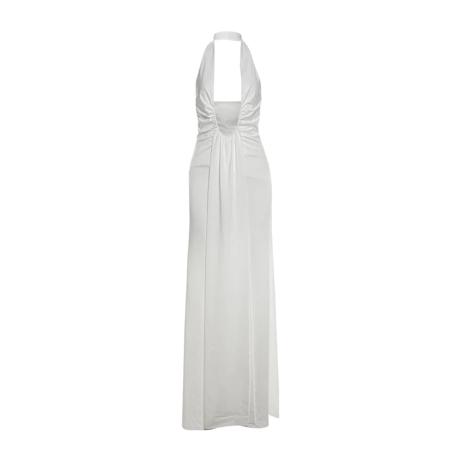 Halterneck Backless Dress Deep V-Neck Sleeveless Pleat Tassel Solid Stretch Long