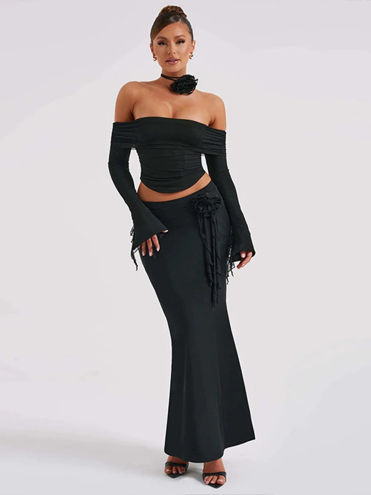 3D Flower Off Shoulder Crop Top Maxi Skirt Set