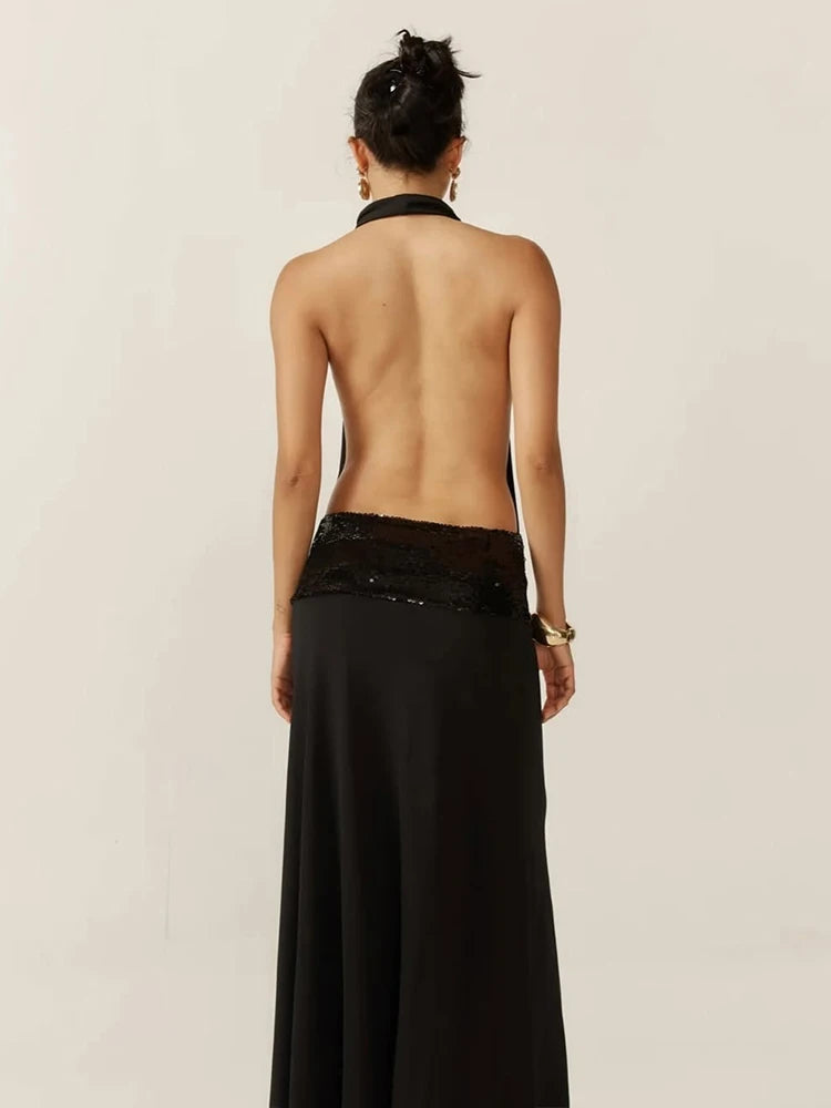 Waist Sequins Dress Backless Halter Sleeveless Pile Collar