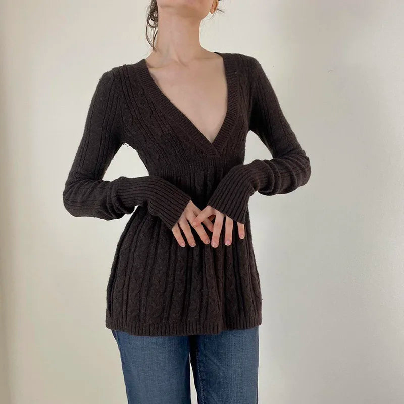 Knitted Sweaters Long Sleeves Slim s Loose Hem Brown Pull Top