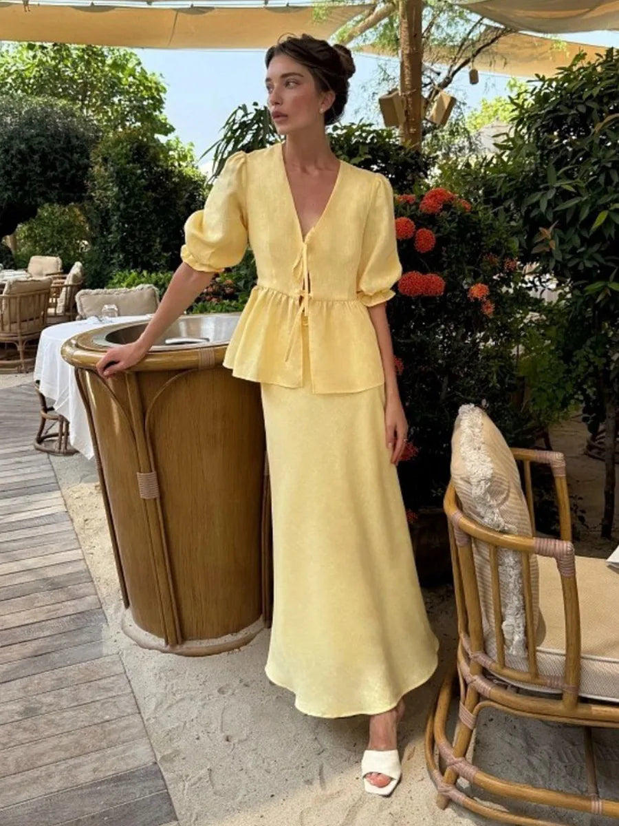 Yellow Cotton Short Sleeve Top and High Waist Midi Skirt Set
