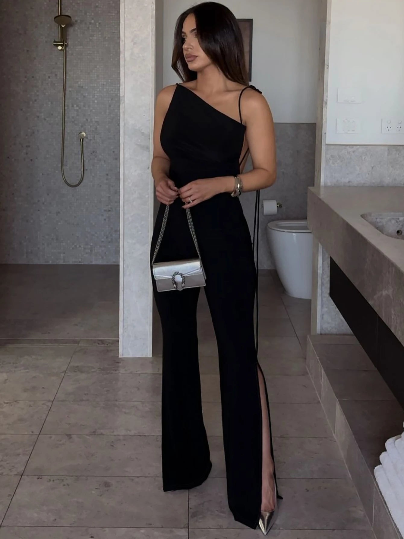Backless Halter Lace Up Irregular Split Long Pants Jumpsuit
