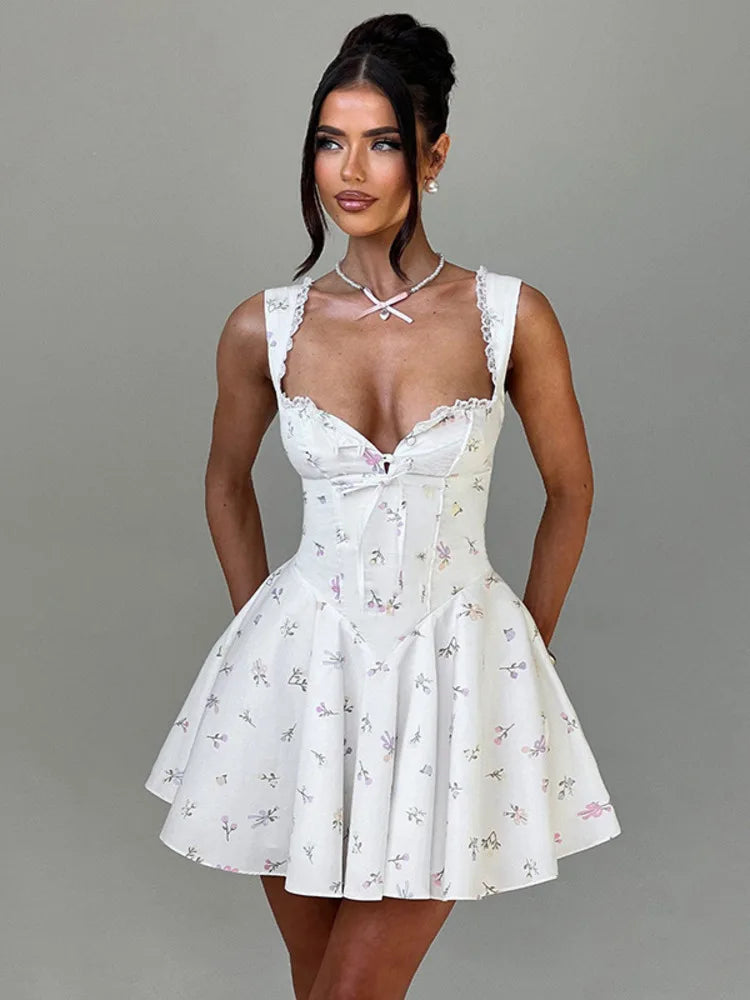 Sleeveless Deep V Backless Pleated Dress Hip Skirt Bodycon Slim Fit Printed Lace Dress