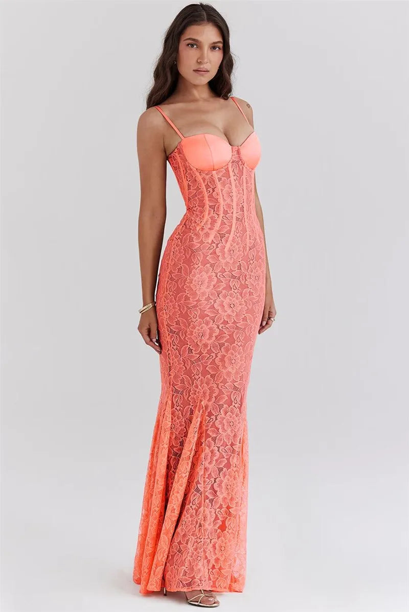 Floral Lace Maxi Dress For Orange Spaghetti Strap Sleeveless Backless Bodycon Long Dress