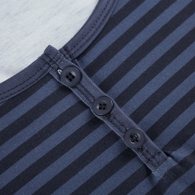 Strip Tee Shirt Button Up Slim Crewneck Top