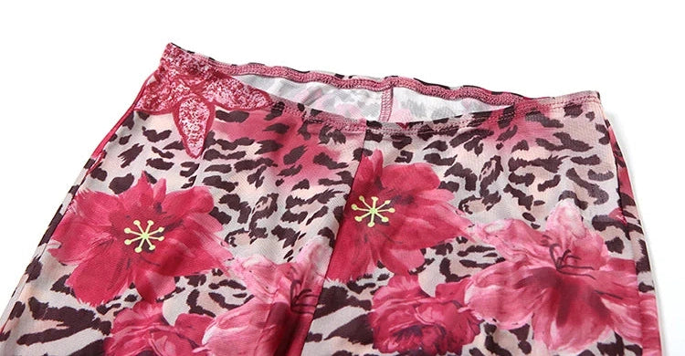 Flower Print Two Piece Set Halter Ruffles Low-Neck Backless Crop Top Skinny Panst Suits