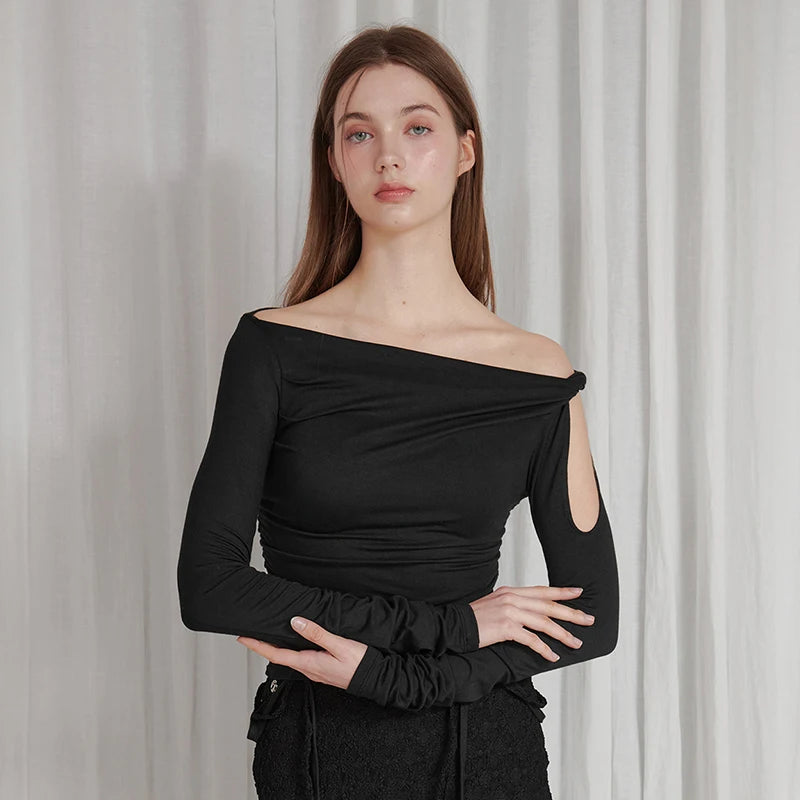 Oblique Collar One Shoulder Tie Long Sleeve Top Ruch Pullover
