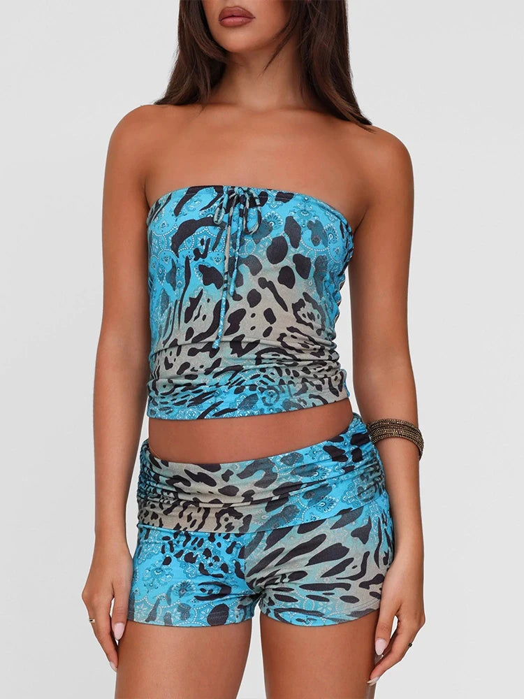 Gradient Leopard Print Two-Piece Set Mini Wrap Lace-Up Top Elasticated Waist Bottoms Street Suits