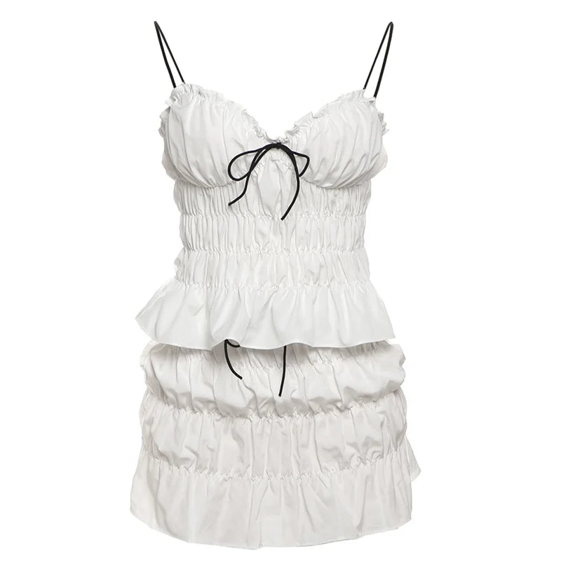 Sweet Shirring Two Piece Set Low-Neck Backless Ruched Camisole Tierred Skirt