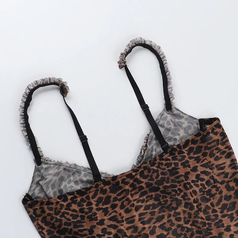 Leopard Print Camisole Mesh See Through Low-Neck Backless Ruffles Hem Street Tank Top