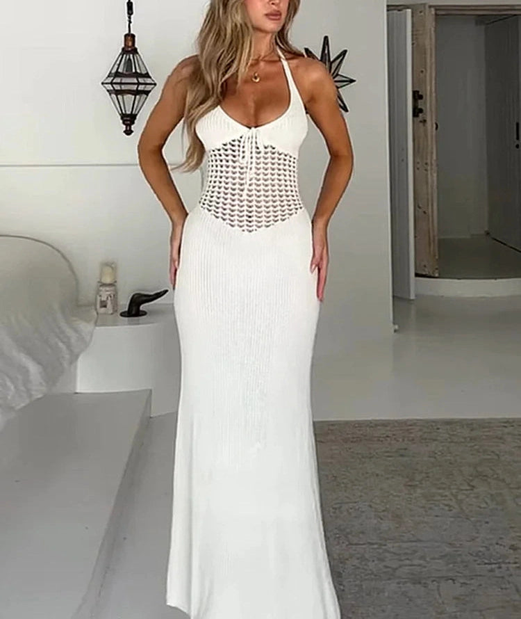 Crochet Sheer Dress Halter V Neck Backless Sheath Dating Bodycon