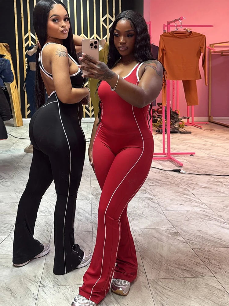 Panell Stripe Jumpuit Sporty O-neck Sleevele Backless Skinny Overall Active One Piece