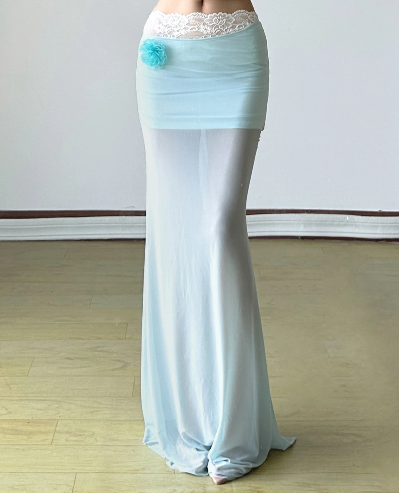 See Through Lace Mesh Skirt Slim Low-Waisted Maxi Skirt