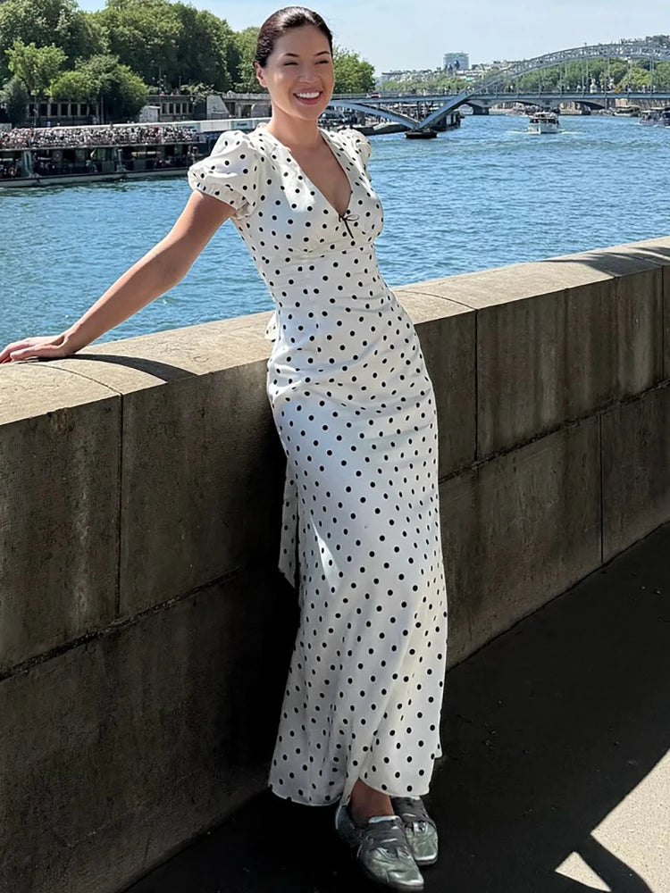 White Polka Dot Short Sleeve Slim Maxi Dress