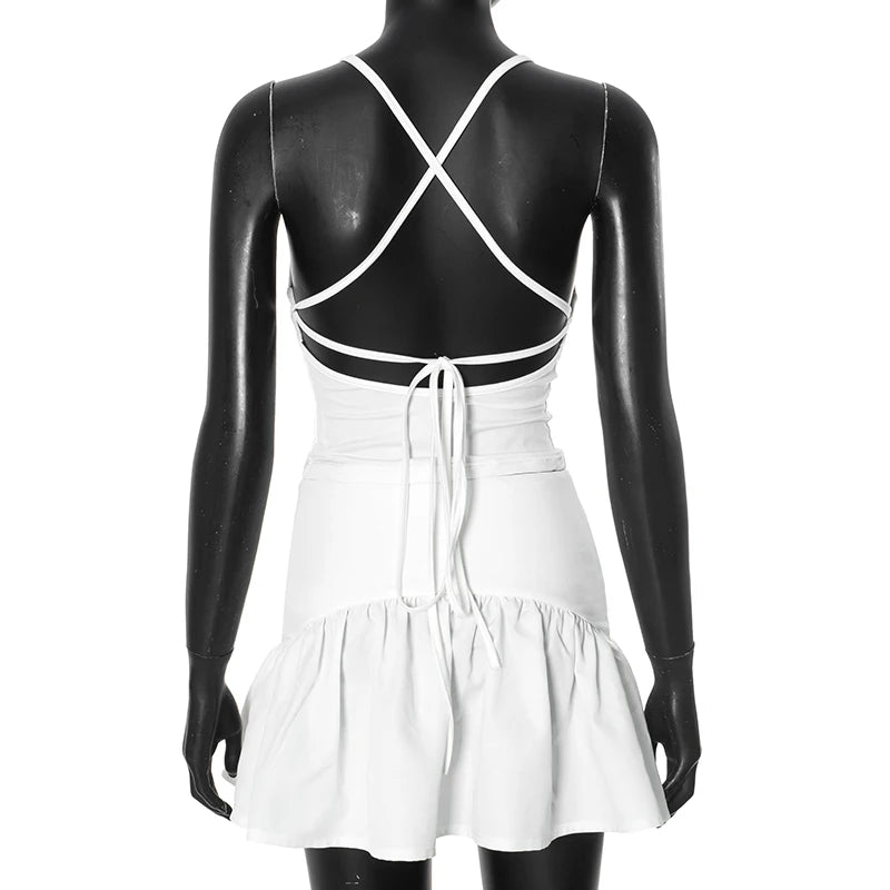 Tie Rope Pleat Hollow Out Big Backless Halter Top Low Wait Package Hip Ruffle Skirt Set