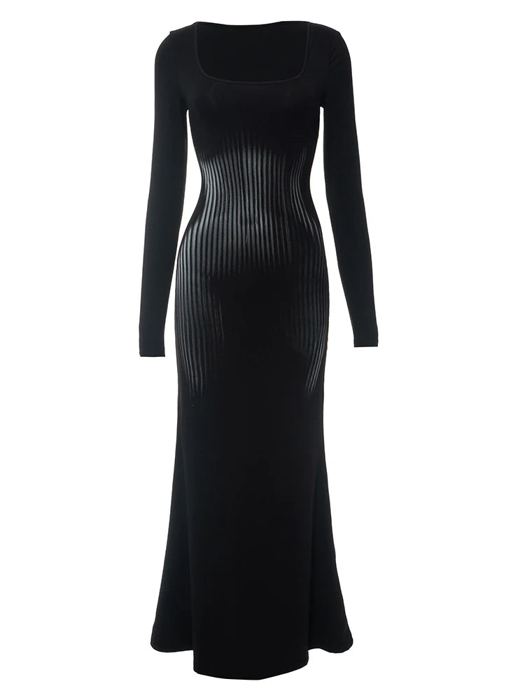 Square Collar Long Sleeve Dress High Waist Abstract Stripe Body Dress Wrap Mermaid Dres