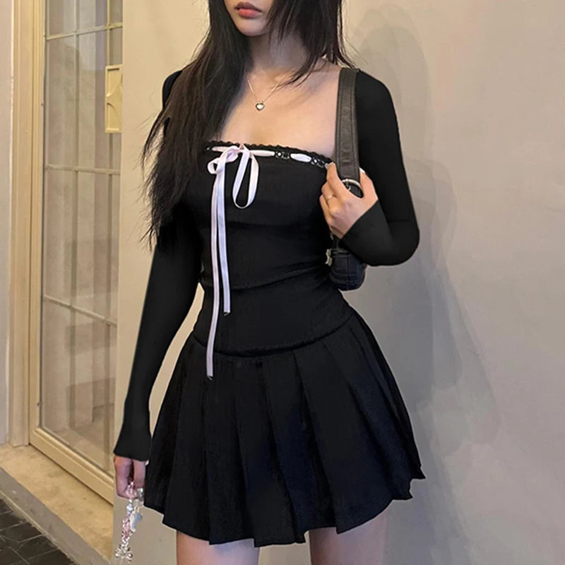 Black Lace Up Square Collar Dresses Balletcore Aesthetic Bodycon Long Sleeve Mini Dress Korean