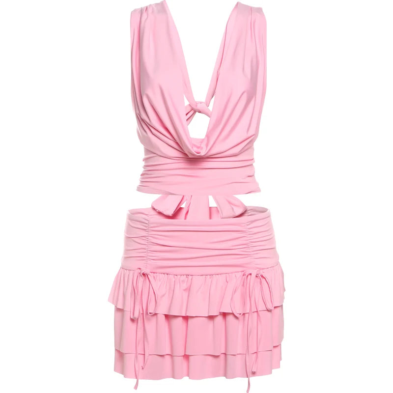 Two Piece Set Halter Swing Collar Tank Top Tierred Skirt Matching
