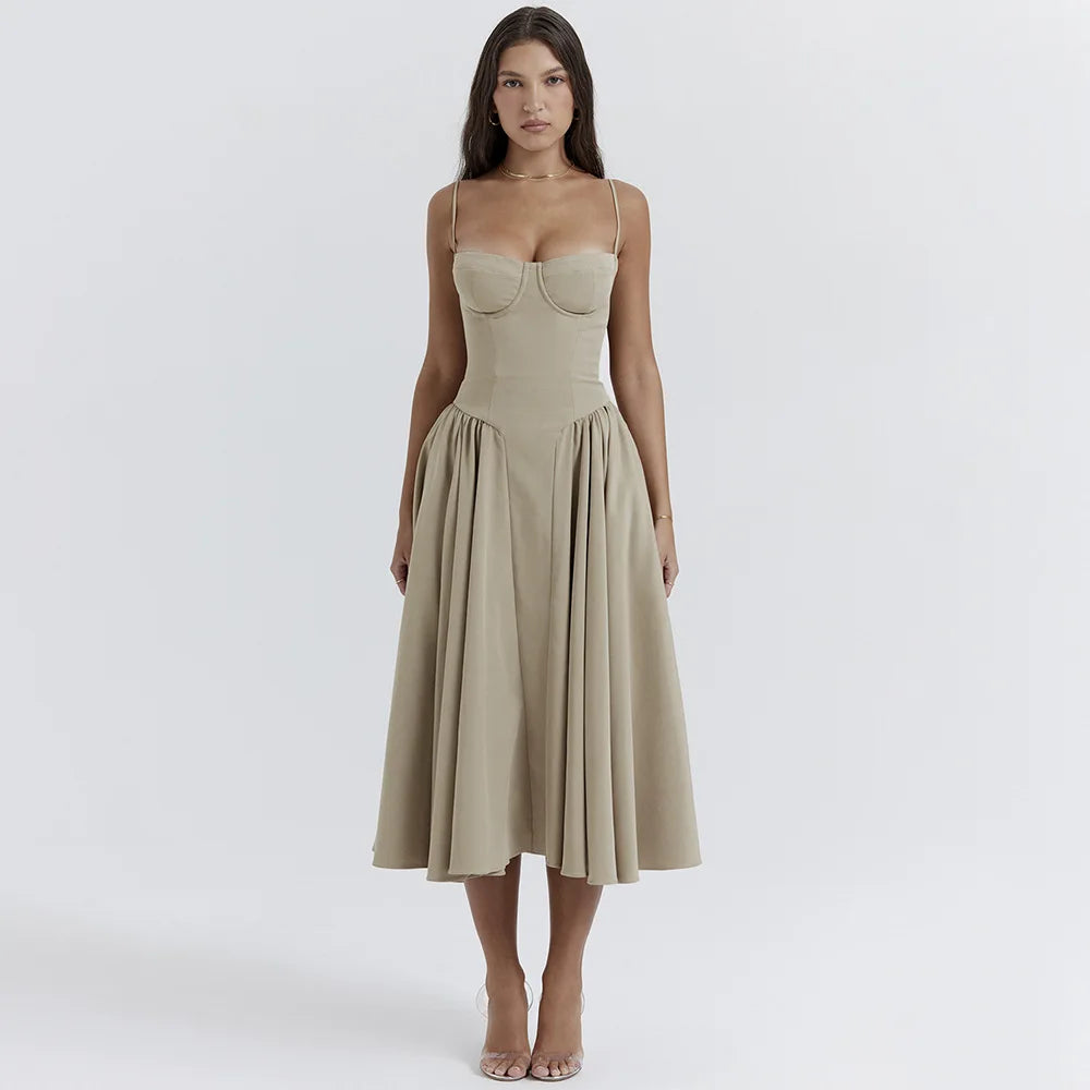 Dress for Pink Spaghetti Strap Midi Dress with Pocket Long Dress