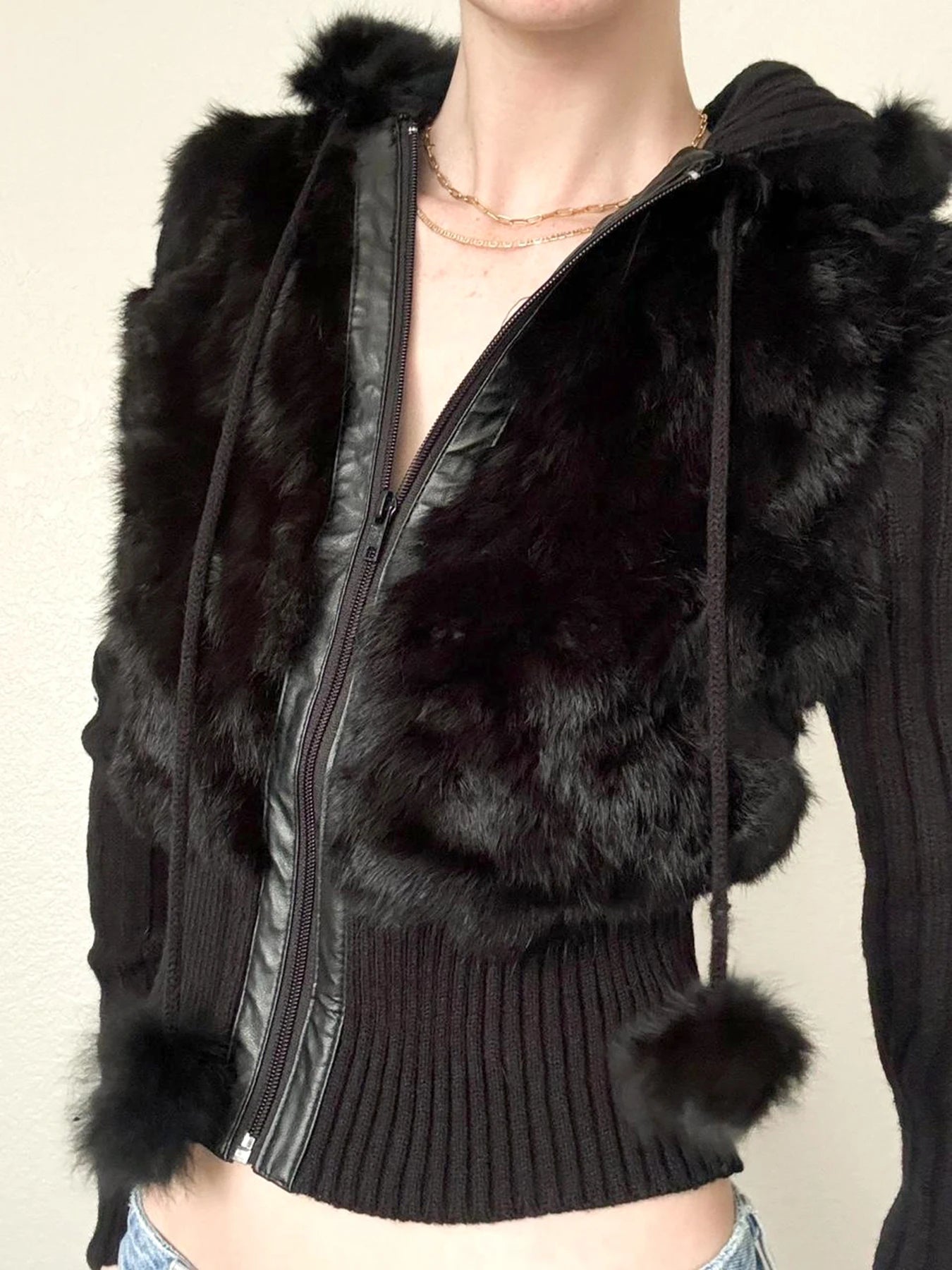 Zip Up Fur Patchwork Drawstring Hoodie Coats 's Jackets