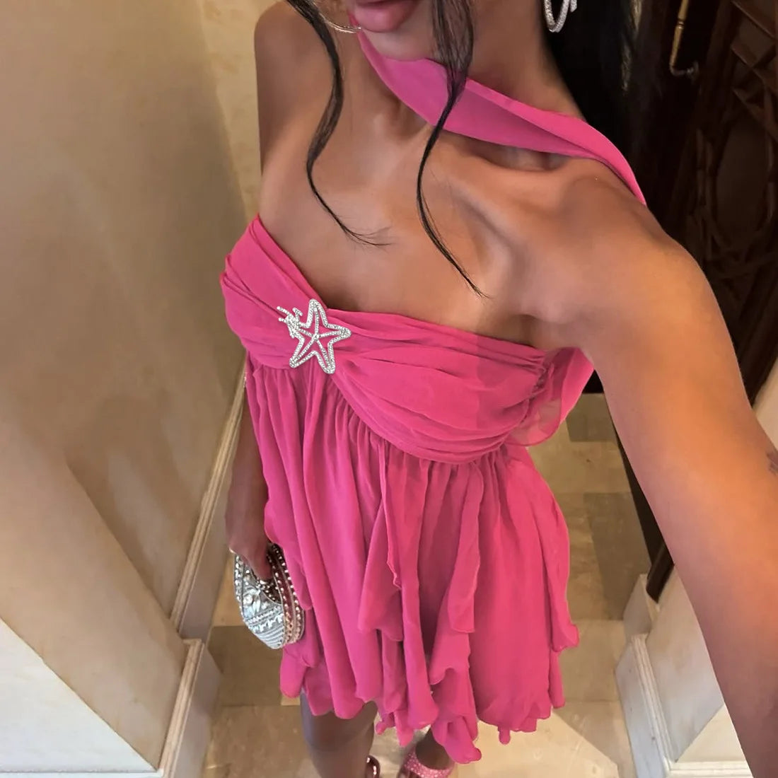 Floral Mesh Backless Strapless Mini Dress