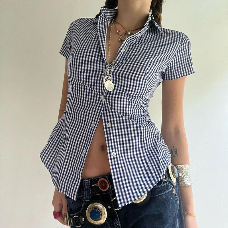 Plaid Bloue Button Up Short Sleeve Tuurn-down Neck Top