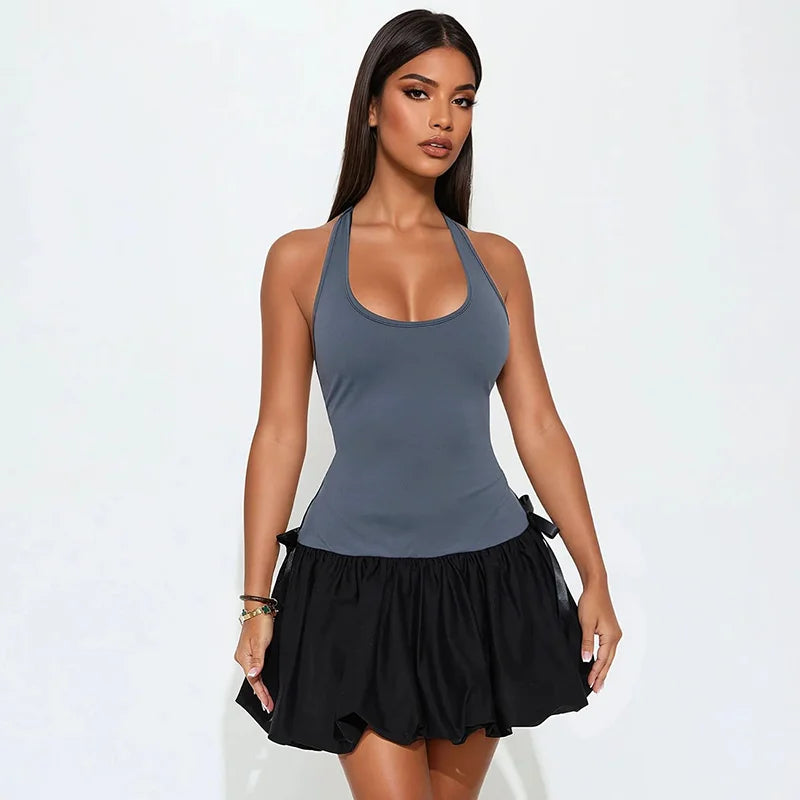 'S Color Collision Patchwork Sleeveless Vest Bow Decorated Bud Mini Dress Girl