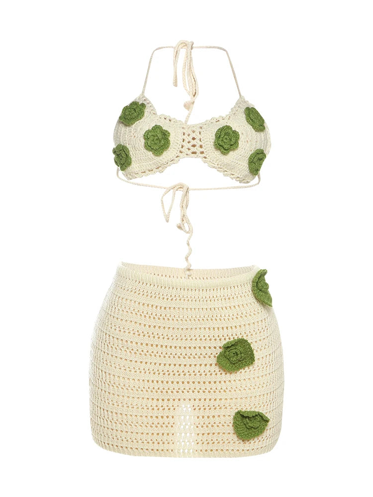 Crochet Applique Two Piece Set Hollow See Through Halter Bra Peach Hip Skirt Matching