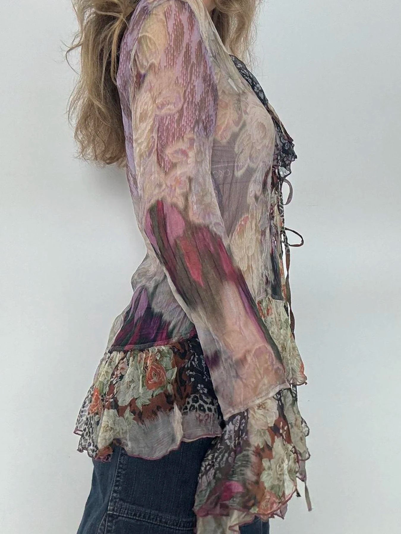 Tie Dye Shirt Ruffle Flare Sleeve Lace-up Retro See-through