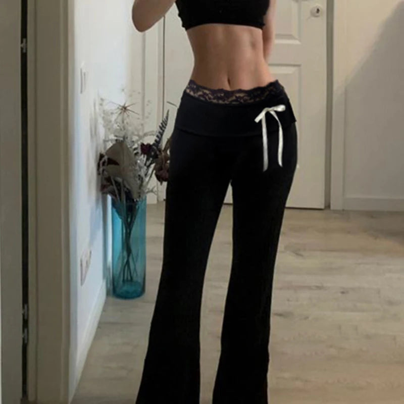 Lace Patchwork Bow Straight Pants Trousers Joggers Bottoms