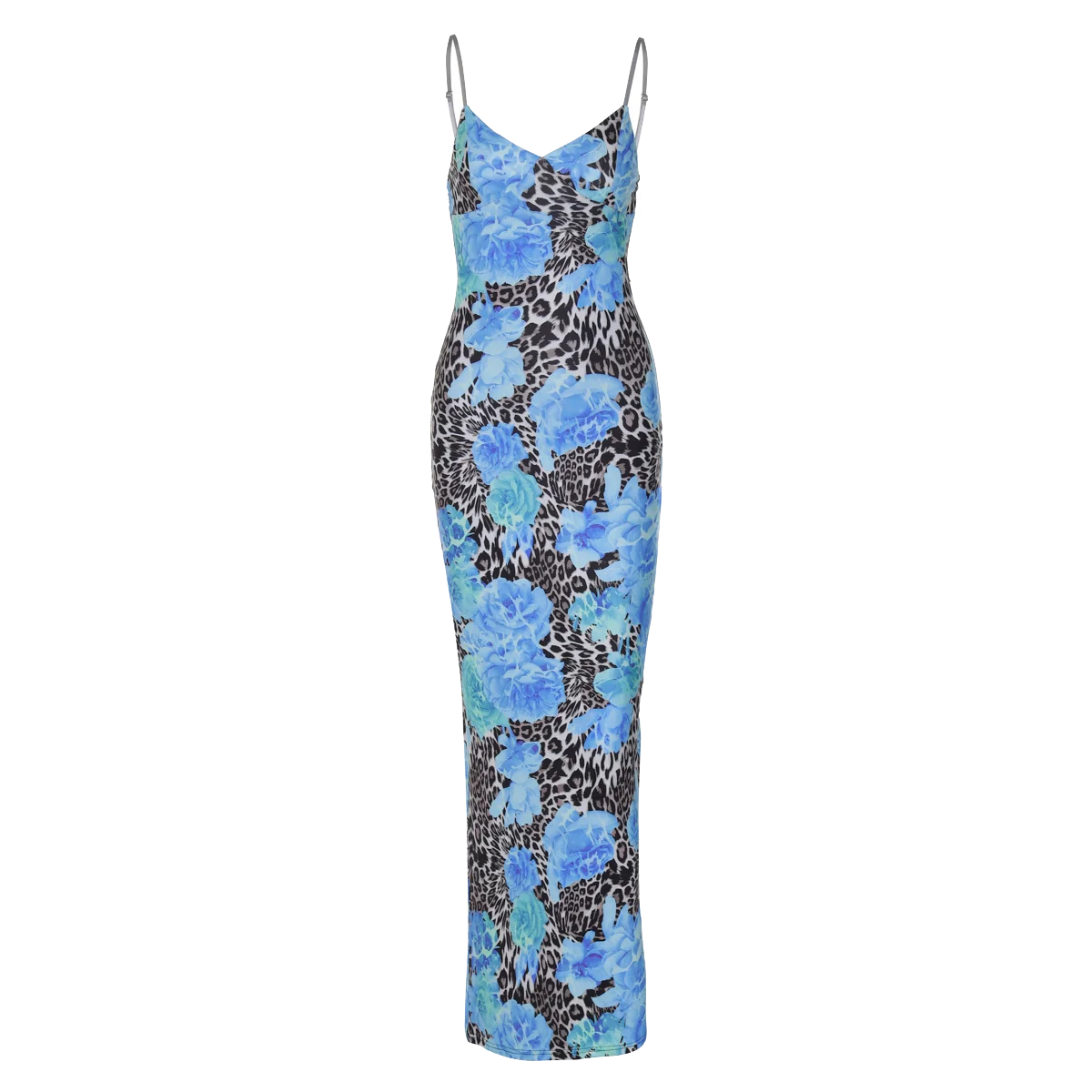 Blue V Neck Backless Bodycon Maxi Dress