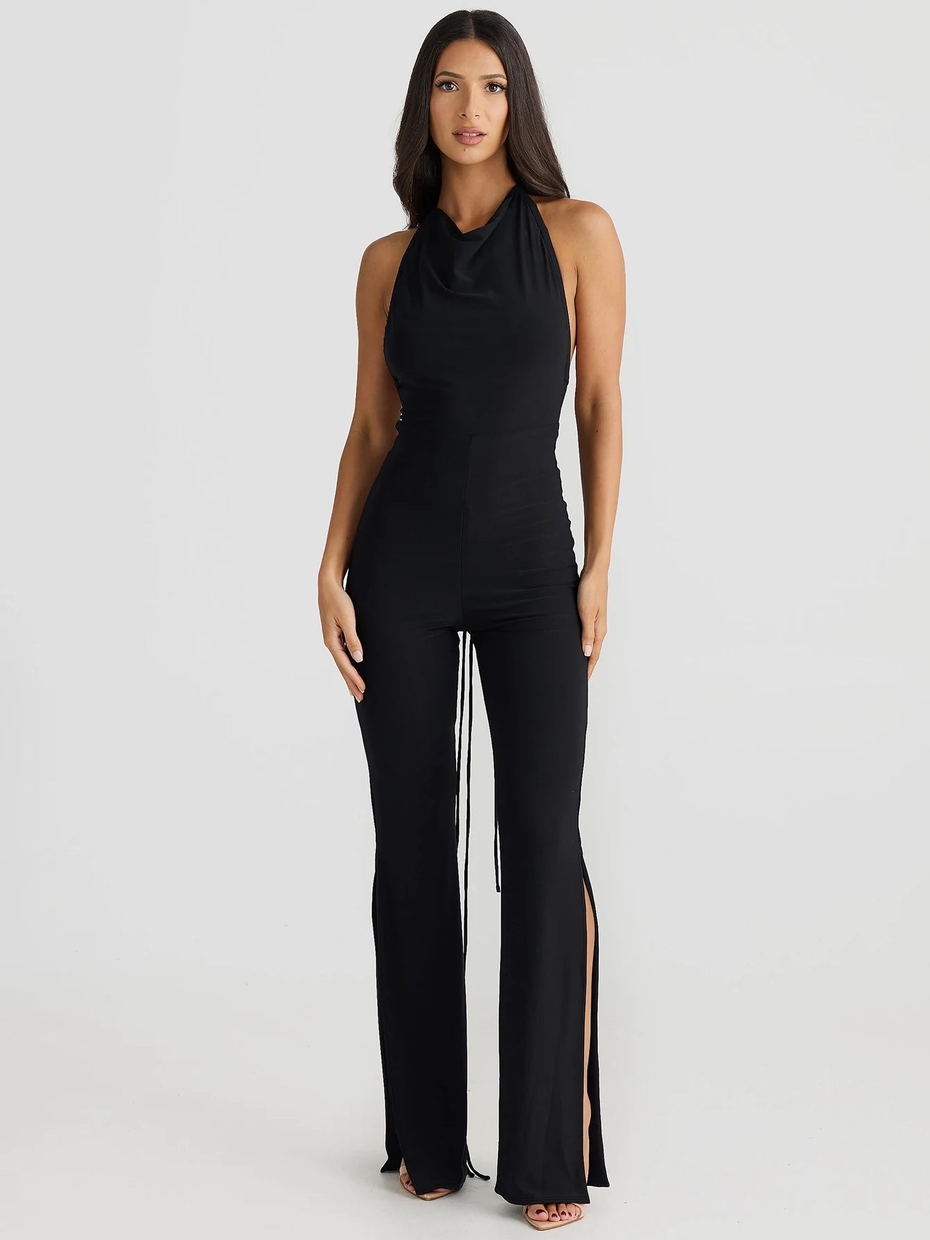 Backless Halter Lace Up Irregular Split Long Pants Jumpsuit