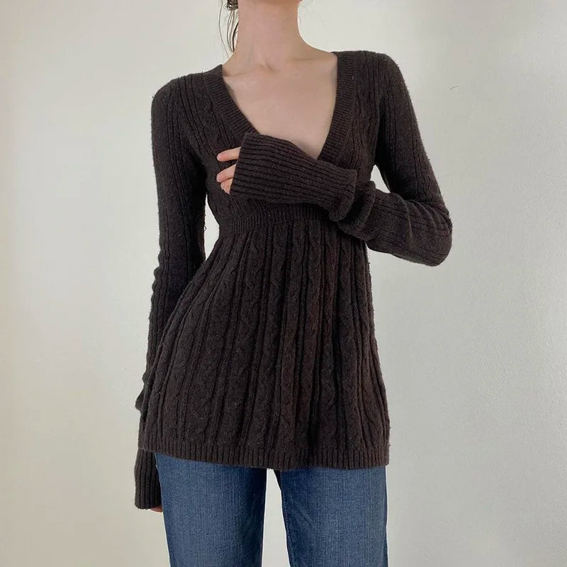 Knitted Sweaters Long Sleeves Slim s Loose Hem Brown Pull Top