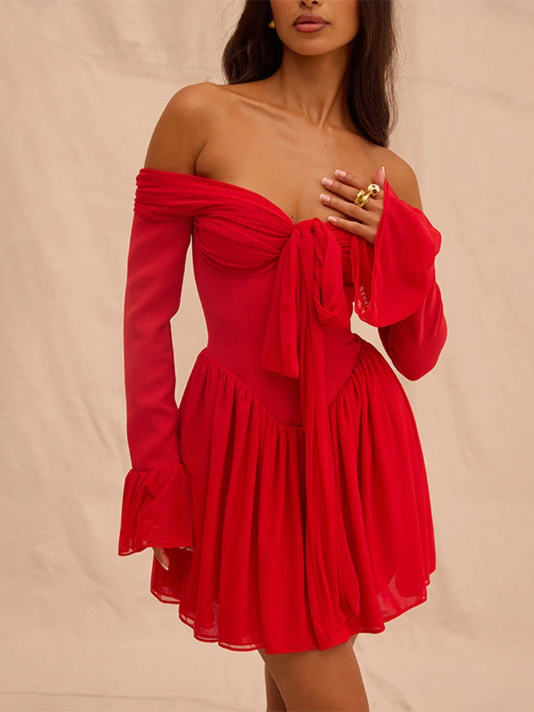 Strapless Backless Mini Dress For Red Off-shoulder Long Flare Sleeve Pleated Dress
