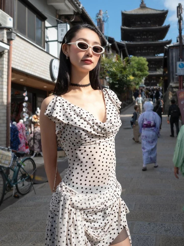 Polka Dot Print Dress Swing Collar Irregular Hem Ruffles Sleeveless Backlesssee Through Skinny Street Mini Bodycon