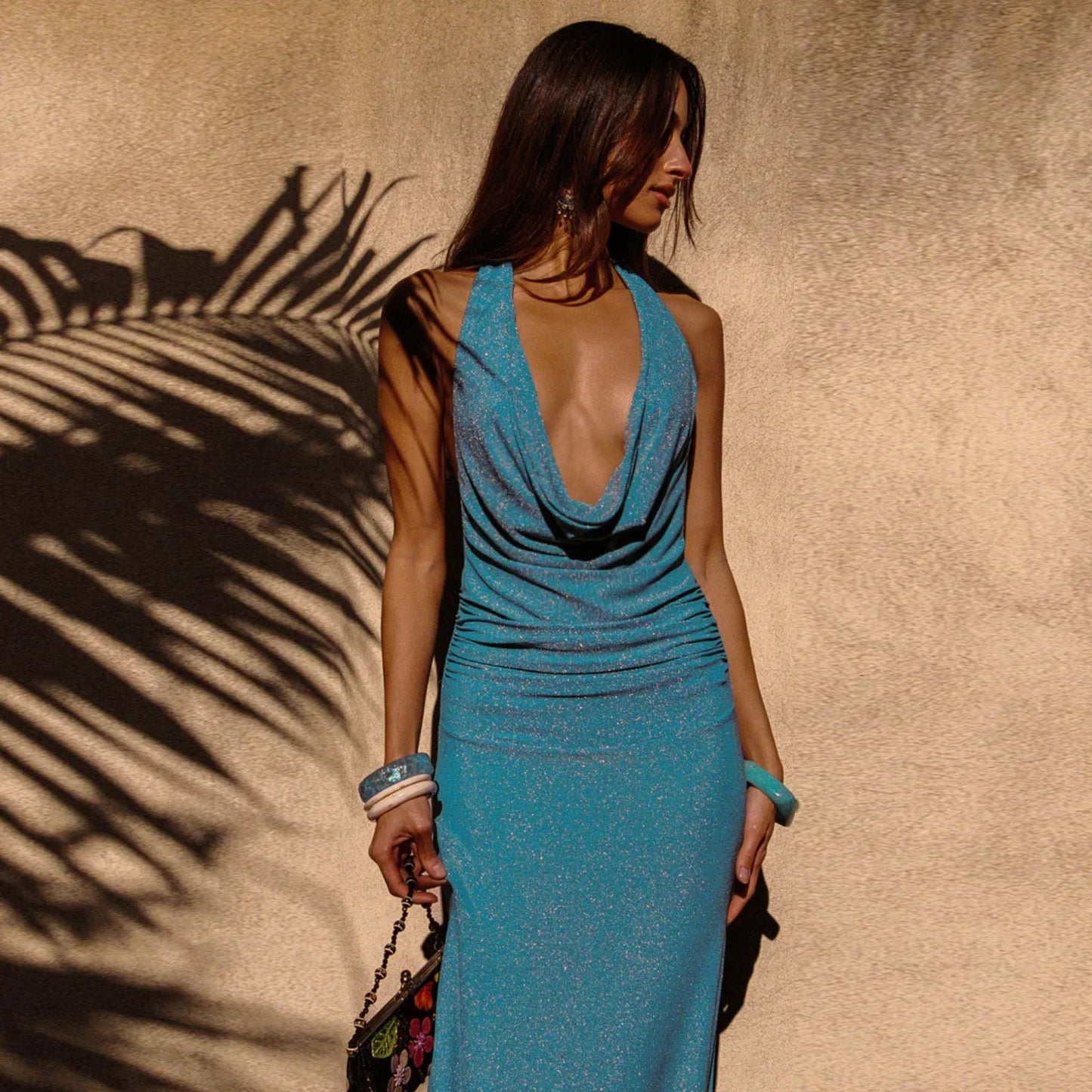 Blue Glitter Halter Backless Maxi Dress