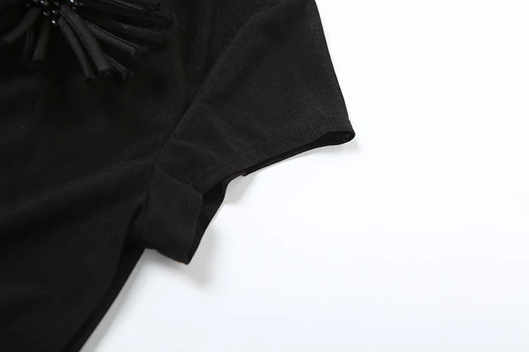 Tassel Applique Crop Top Single-Breasted Half-High Neck Tassel Midnight tie Versatile T-Shirt