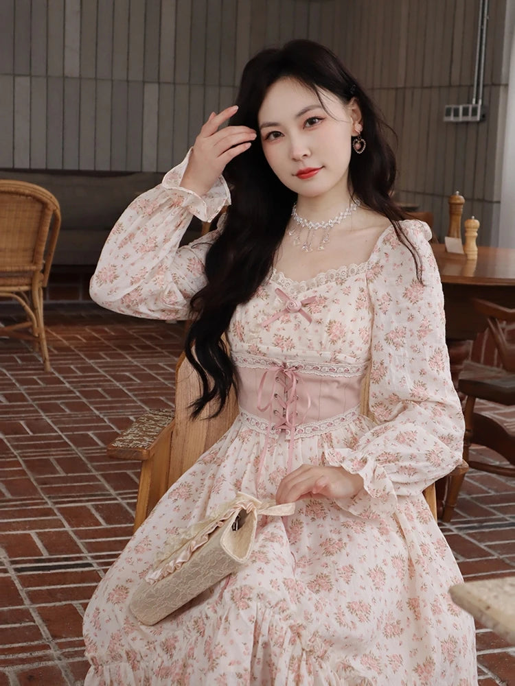Spring Pink Floral Dress Bandage Lace Print Dress Puff Sleeve Kawaii Dress Princess Fairy