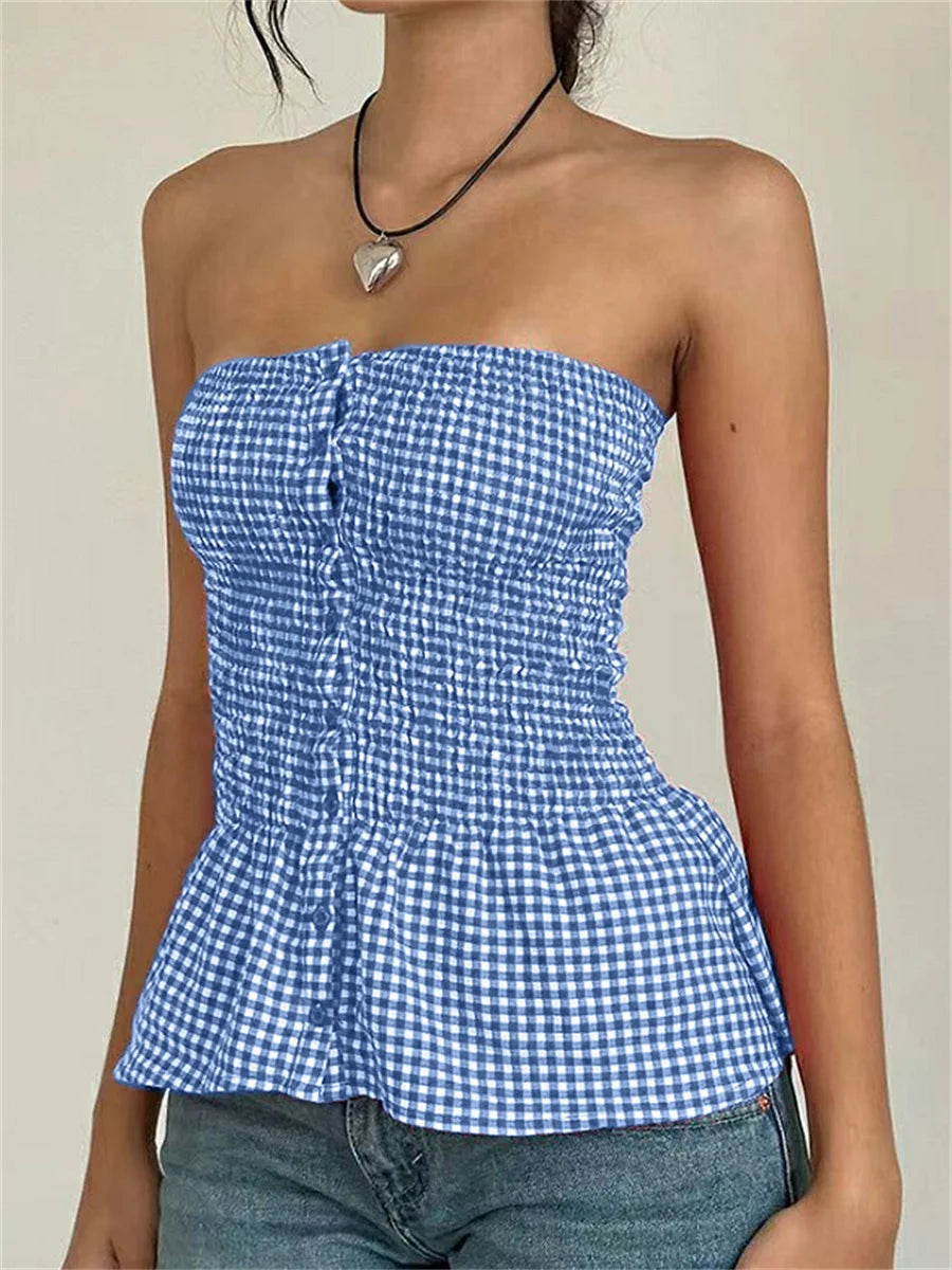 Red Gingham Crop Top Womean Strapless Ruffle Hem Sleeveless Button Cami Coquette Plaid Crop Top