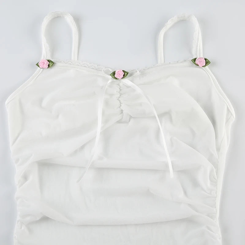 Lace Patchwork Camis Sleeveless Bow Spagetti Strap Top 's White