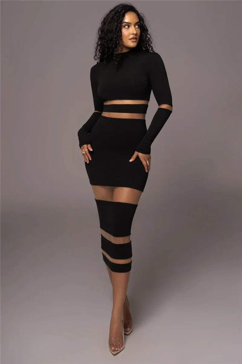 Patchwork Bodycon Midi Dress Turtleneck Long Sleeve Dress
