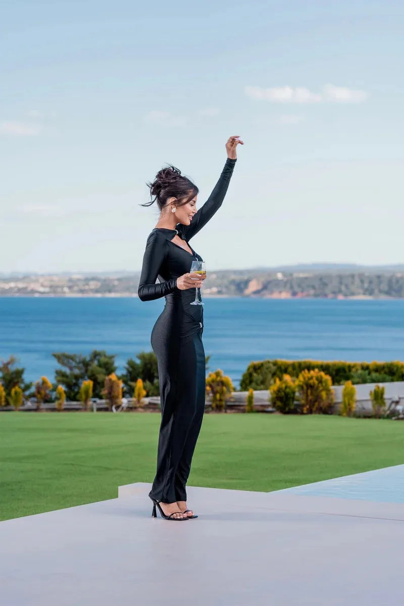 Hollow Out Long Sleeve Maxi Dress Solid Color Slim Fit Cut Out Long Dress