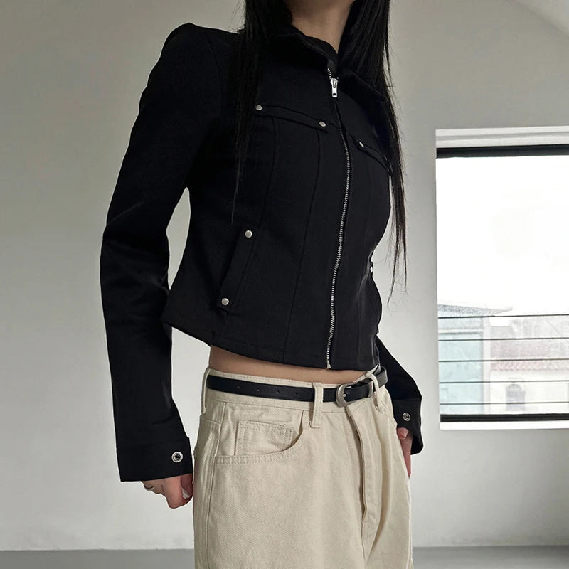 's Rivet Jacket Black Zip-Up with Pockets Long Sleeve Coats Cropped Design