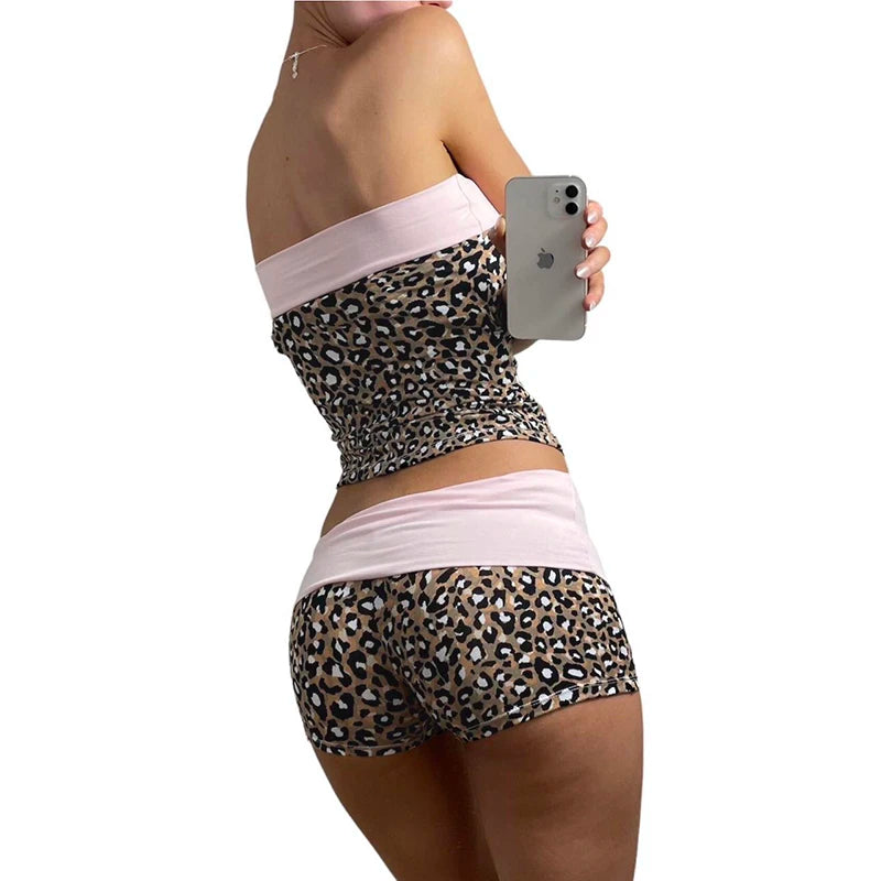 Leopard Patchwork Slim Two Piece of Set Tube Top and Low Wait Short Suit