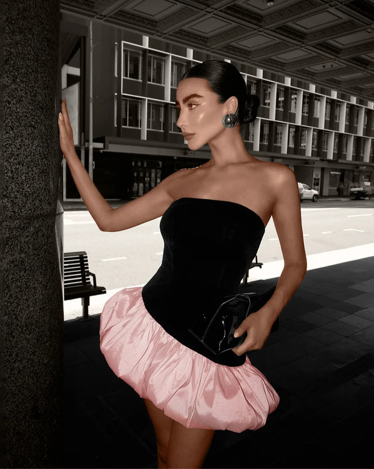 Puffy Dress Irregular Velvet Patchwork Strapless Banquet Bodycon