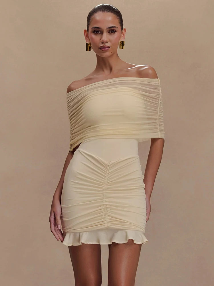 Mesh Strapless Off-shoulder Ruffled Mini Dress Backless High Waist Ruched Dress