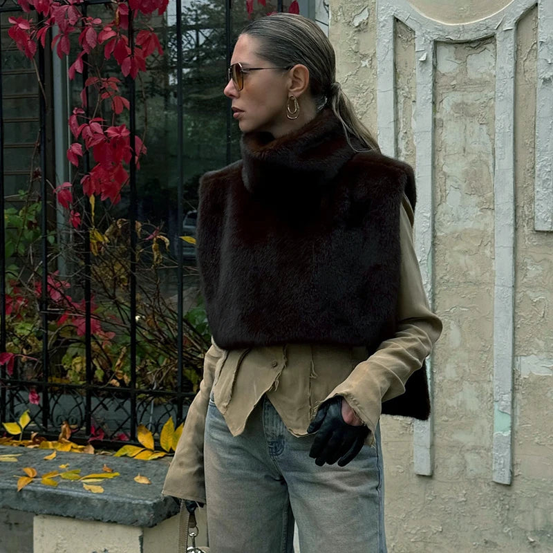 Half Turtleneck Furry Sleevele Top Patchwork Short Section Pullover Top
